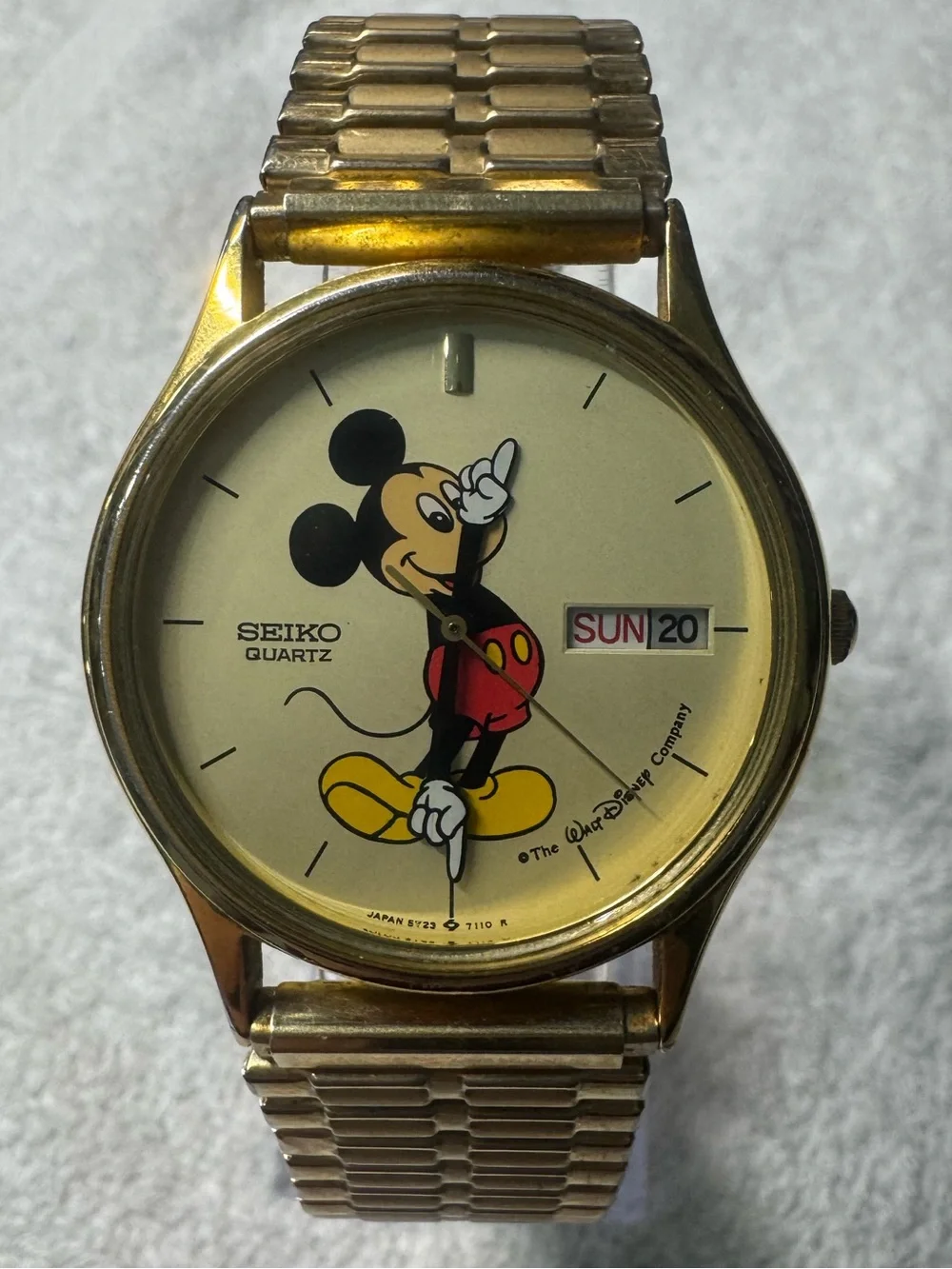 Seiko Gold Tone Mickey Mouse Dial Watch with Red and Yellow Accents